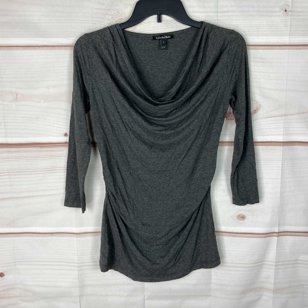 Isabella Oliver Maternity Top Womens 2 US 6 Gray Ruched Cowl Neck 3/4 Sleeve